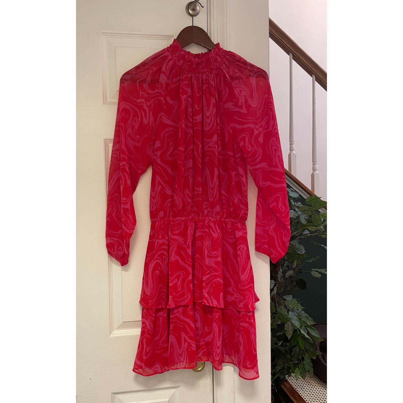 Pink Marble Print Tiered Dress | Sheer Long Sleeve Party | Y2k Barbiecore Swirl